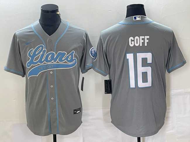 Mens Detroit Lions #16 Jared Goff Gray Cool Base Stitched Baseball Jersey